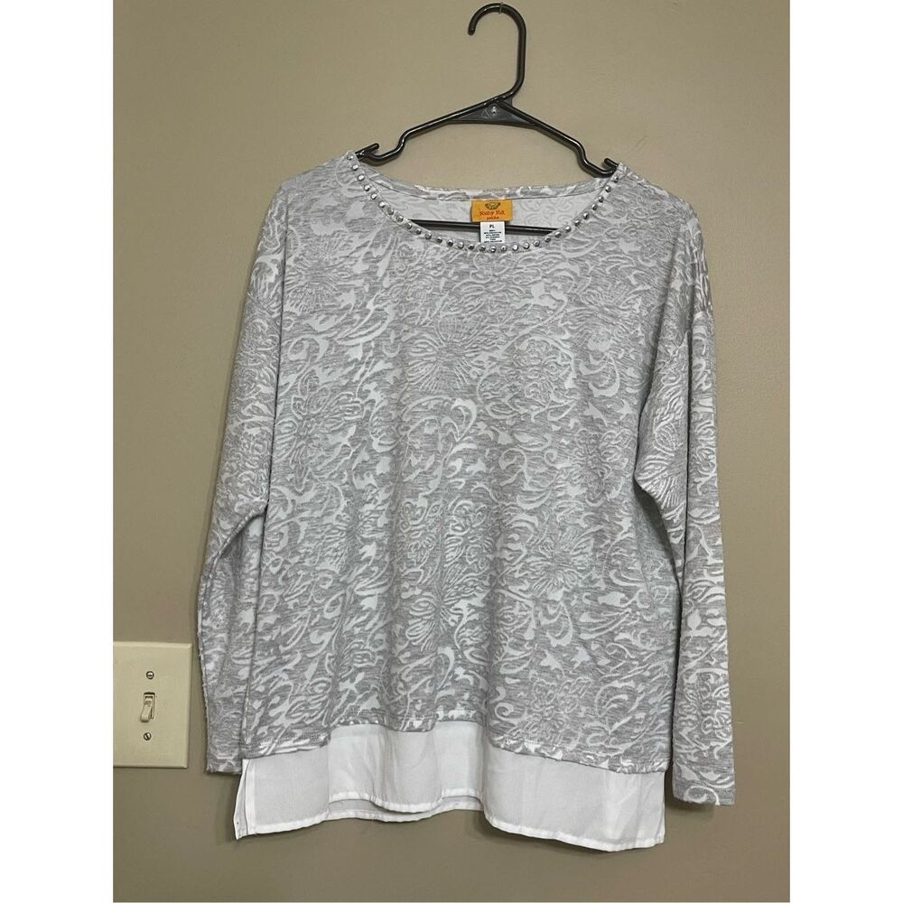 LAST CHANCE Ruby Rd Womens Grey White Blouse Silver Embellishments Petite Large